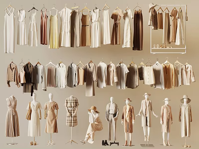 Stylish Women's Clothing Display Hanging Dresses Coats Mannequins Neutral Tones Elegant Fashion Setup 3d model