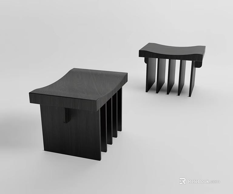 Stylish Black Modern Stools With Curved Seats And Vertical Slat Support Structures 3d model
