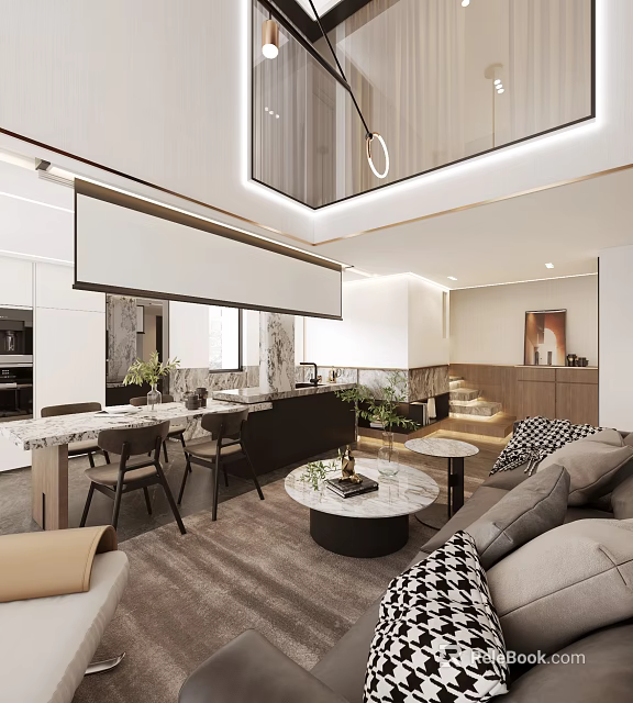 Duplex Living Room Interior Design With Modern Sofa Marble Coffee Table Dining Area And Plants 3d model 