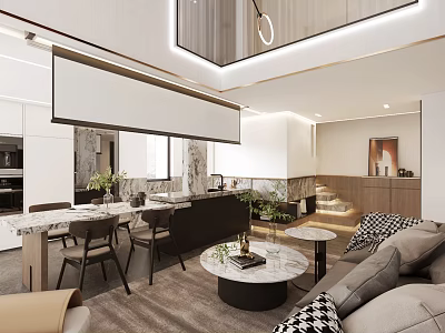 Duplex Living Room Interior Design With Modern Sofa Marble Coffee Table Dining Area And Plants 3d model