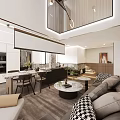 Duplex Living Room Interior Design With Modern Sofa Marble Coffee Table Dining Area And Plants
