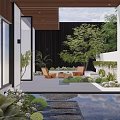 Modern Garden Landscape With Lush Greenery Stone Paths Seating Area And Water Feature