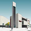 Modern Architectural Complex Featuring Light Colored Facade Red Window Curved Building Glass Curtain Wall Plaza