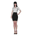 Woman in White Shirt and Black Skirt with High Heels Against Black Background
