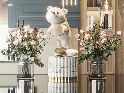 Pink Roses and Eucalyptus Leaves in Glass Vases for Modern Interior Decoration 3d model