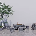 Outdoor Stone Table Chair Set With Small Tree And Lantern Decor 3d model