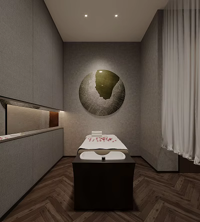 Modern SPA Sauna Interior With Massage Table Circular Art Cabinets And Soft Lighting 3d model