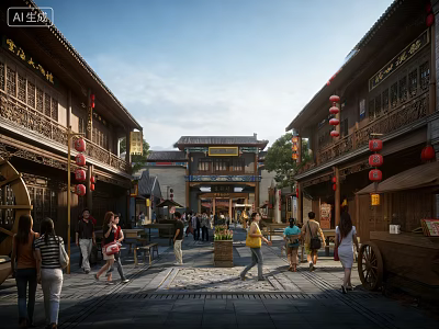 Busy Traditional Commercial Street With Ancient Architecture Red Lanterns And Pedestrians 3d model