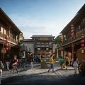 Busy Traditional Commercial Street With Ancient Architecture Red Lanterns And Pedestrians