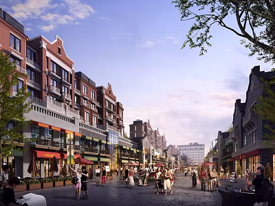 Bustling Commercial Street With Red Brick Buildings Shops Pedestrians And Greenery 3d model
