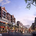 Bustling Commercial Street With Red Brick Buildings Shops Pedestrians And Greenery