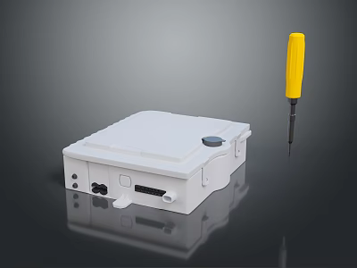 White Electrical Enclosure With Yellow Screwdriver And Connection Ports On Reflective Surface 3d model