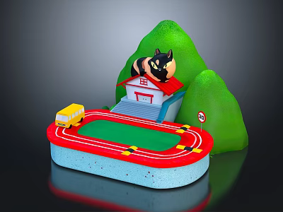 Toy House Furniture With Red Roof Green Hills Red Blue Track And Yellow Bus 3d model