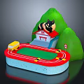 Toy House Furniture With Red Roof Green Hills Red Blue Track And Yellow Bus