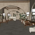 Restaurant Interior With Wooden Tables Chairs Hanging Pendant Lights Arched Doorways And Sunlight Filtering Through