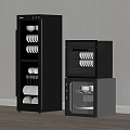 Modern Black And Gray Kitchen Appliances With Dishes And Glasses Storage