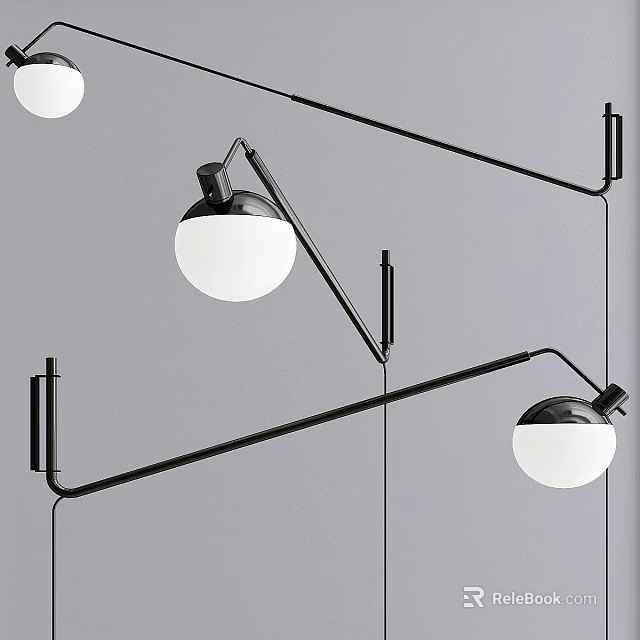 Modern Black Metal Wall Lamps With Adjustable Arms And White Spherical Shades 3d model 