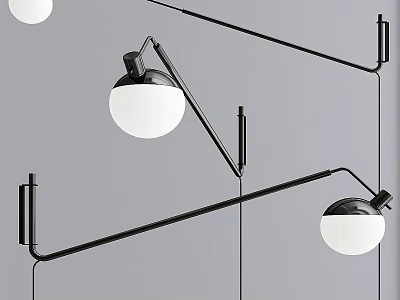 Modern Black Metal Wall Lamps With Adjustable Arms And White Spherical Shades 3d model
