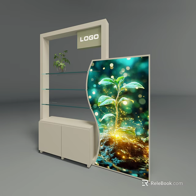 Decorative Cabinet With Glass Shelves Potted Plant LOGO Curved Display Green Plant And Sparkling Background 3d model 
