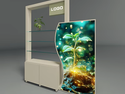 Decorative Cabinet With Glass Shelves Potted Plant LOGO Curved Display Green Plant And Sparkling Background 3d model