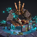 Fantasy Circular Platform With Blue Glowing Particles Water Waves Wooden Bridge Treasure Chest And Decorative Top