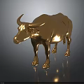 Golden Ox Sculpture With Shiny Surface Standing On Dark Background With Reflection