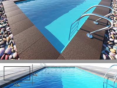 Swimming Pool Area With Blue Water Metal Handrails And 15m Length Pebble Ground Design 3d model