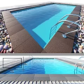 Swimming Pool Area With Blue Water Metal Handrails And 15m Length Pebble Ground Design