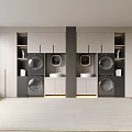 Modern Laundry Room Interior Design With Washing Machines Dryers Sinks And Cabinets