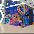 Colorful Art Mural Decorated Public Space With Archway And People Activities