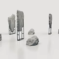 Modern Art Installation With Gray Stones And Metal Support Frames 3d model