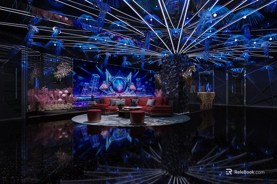 Modern Luxury KTV Interior Design With Blue Lighting Decorations And Red Sofa 3d model 