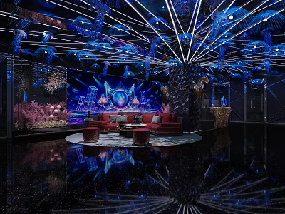 Modern Luxury KTV Interior Design With Blue Lighting Decorations And Red Sofa 3d model
