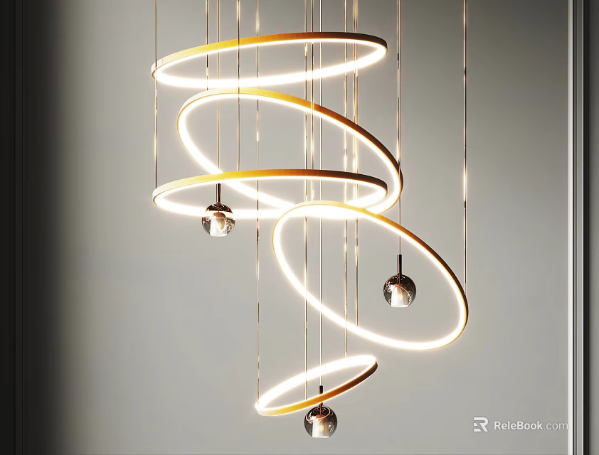 Modern Spiral Ring Chandelier With Gold White Illuminated Rings And Hanging Pendant Lights 3d model 