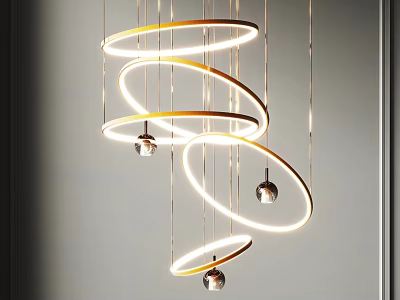 Modern Spiral Ring Chandelier With Gold White Illuminated Rings And Hanging Pendant Lights 3d model