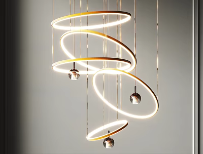 Modern Spiral Ring Chandelier With Gold White Illuminated Rings And Hanging Pendant Lights 3d model