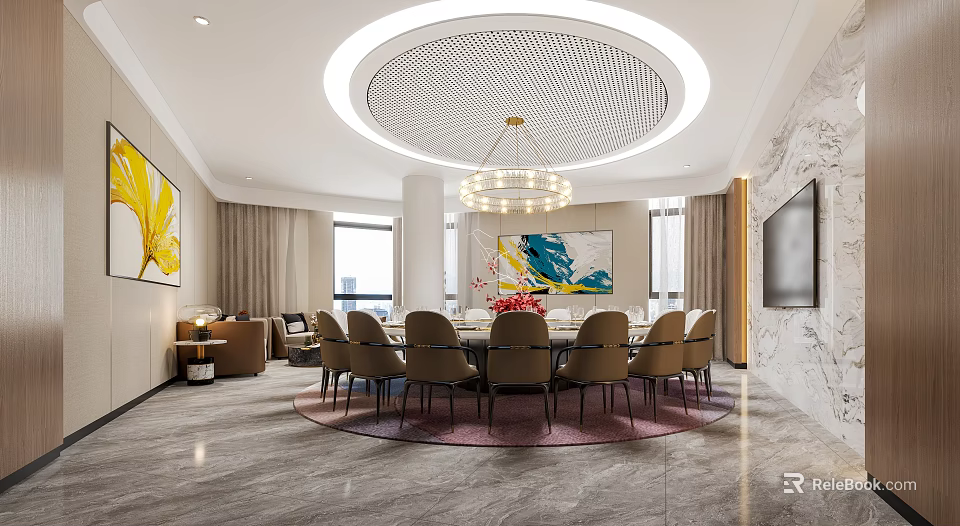 Luxurious Private Room Interior Design With Round Dining Table Chandelier And Artwork 3d model