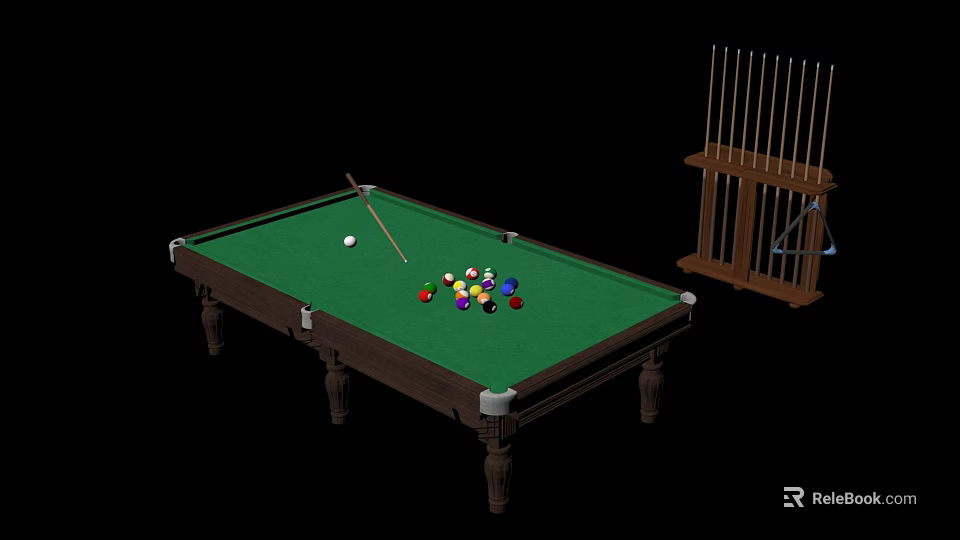High Quality Billiard Table With Green Felt Surface Cue Stick And Ball Rack 3d model 