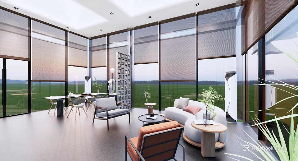 Modern Living Room Interior With Floor to Ceiling Windows Roller Blinds Sofa And Green Plants 3d model 