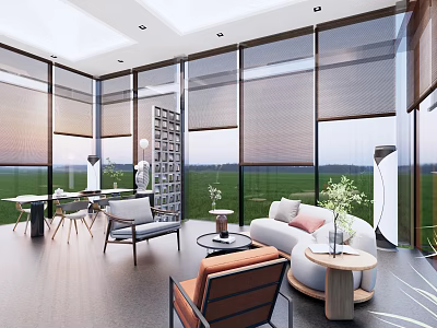 Modern Living Room Interior With Floor to Ceiling Windows Roller Blinds Sofa And Green Plants 3d model