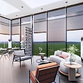 Modern Living Room Interior With Floor to Ceiling Windows Roller Blinds Sofa And Green Plants