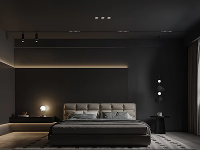 Modern Dark Gray Bedroom Interior With Bed Nightstands Pendant Lights And Ambient Lighting 3d model
