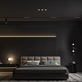 Modern Dark Gray Bedroom Interior With Bed Nightstands Pendant Lights And Ambient Lighting