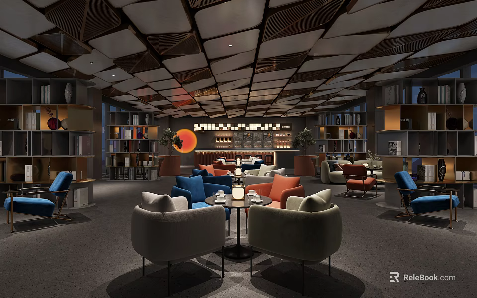 Modern Café Interior With Geometric Ceiling Design Bookshelves And Colorful Sofas 3d model 