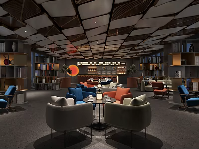 Modern Café Interior With Geometric Ceiling Design Bookshelves And Colorful Sofas 3d model