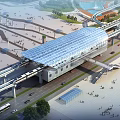 Modern Railway Station Plaza With Main Building Fountains Green Areas And Elevated Tracks