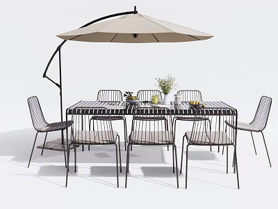 Modern Outdoor Dining Table And Chairs Set With Umbrella Flower Arrangement And Fruits 3d model