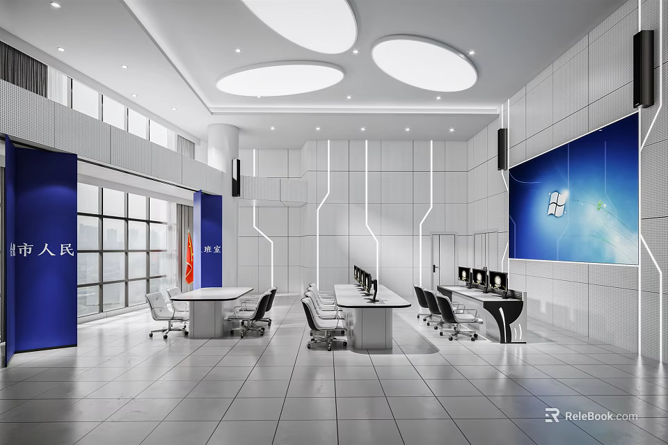 Modern Monitoring Room Interior With Large Screen Control Desks Computers Chairs And Lighting 3d model 