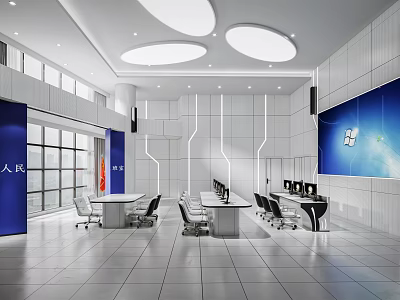 Modern Monitoring Room Interior With Large Screen Control Desks Computers Chairs And Lighting 3d model