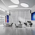 Modern Monitoring Room Interior With Large Screen Control Desks Computers Chairs And Lighting